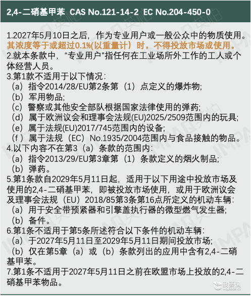欧盟修订REACH附件XVII，增加第83项化学物质“2.4-二硝基甲苯”